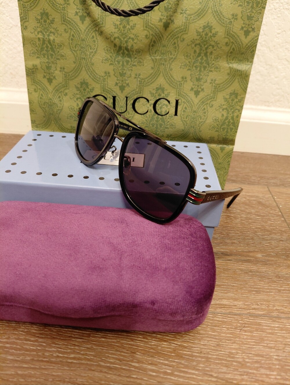 Gucci GG0448S Black Frame Aviator Sunglasses with Dark Gradient Lenses 58-16-145